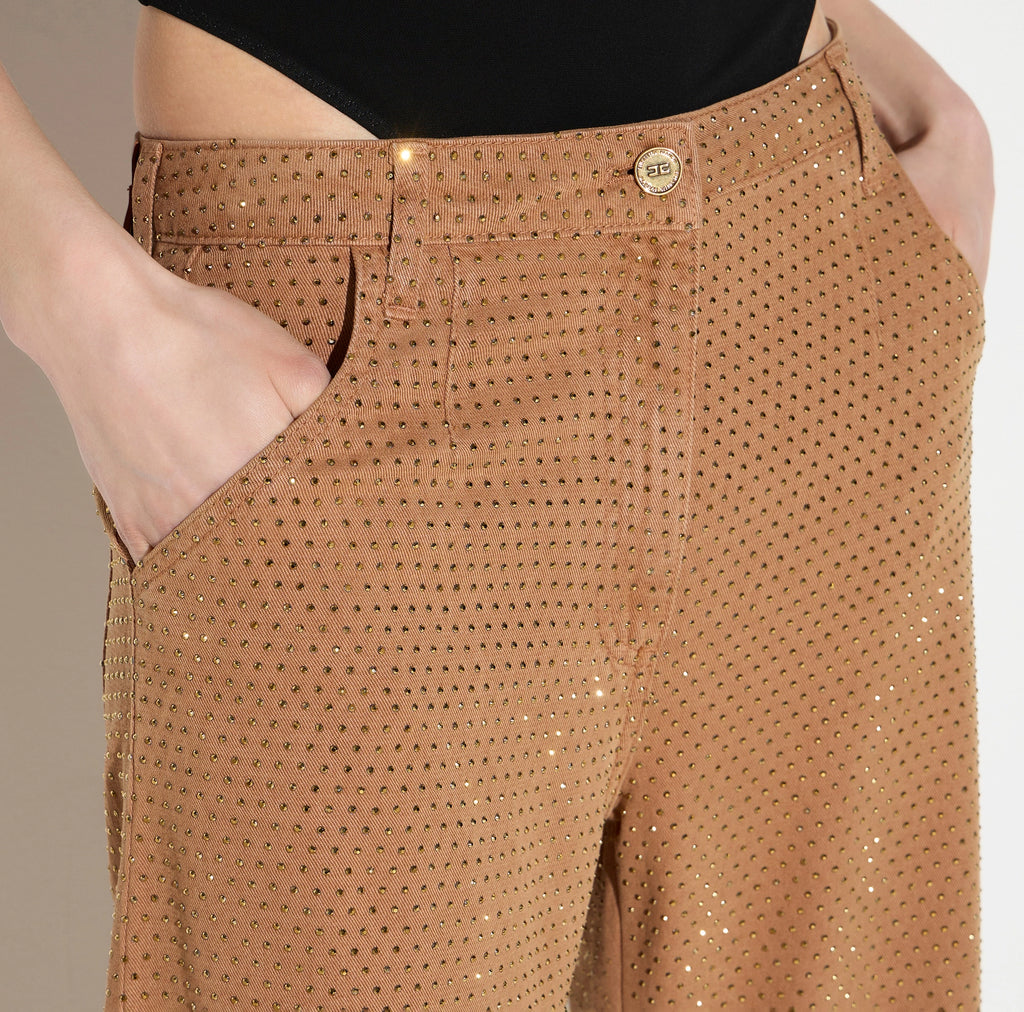 Camel denim balloon pants with rhinestones