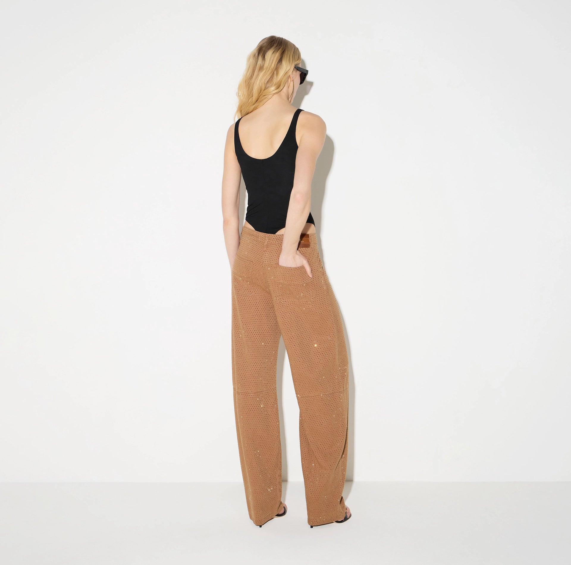 Camel denim balloon pants with rhinestones
