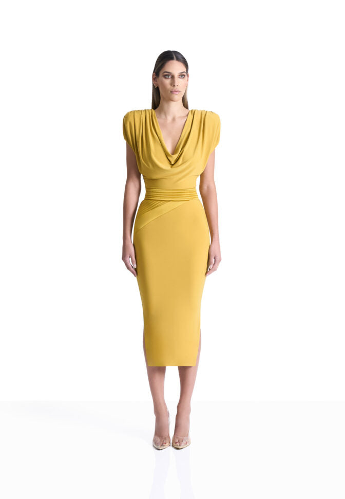 Citrine jersey cowl neck midi dress