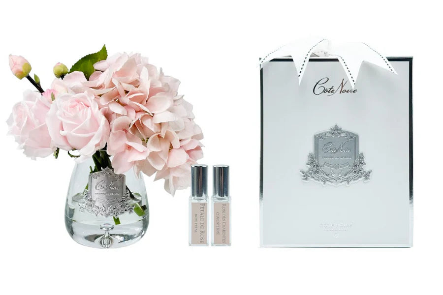 Pink roses and hydrangeas tea glass
