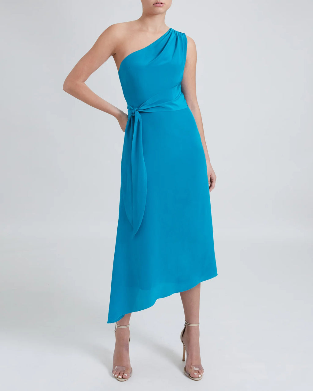 Blue silk one shoulder sleeveless wrap midi dress