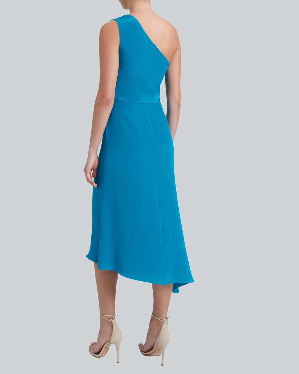Blue silk one shoulder sleeveless wrap midi dress