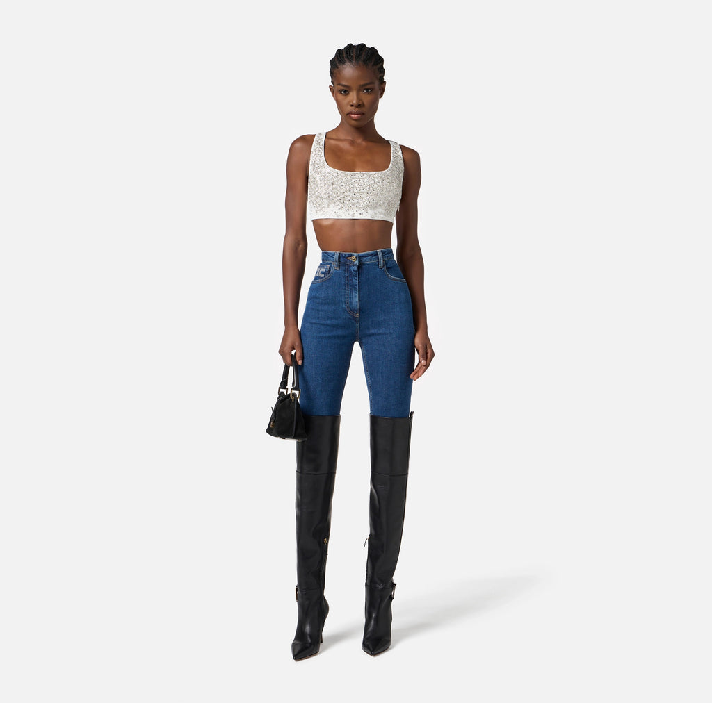Ivory  crop top with embroidered crystals
