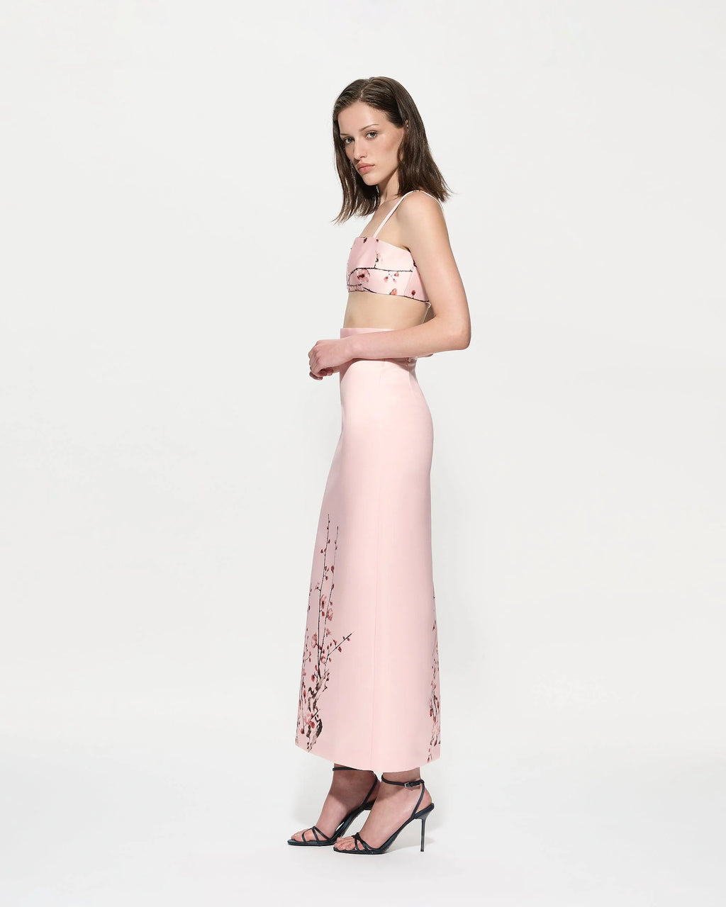 Pink cherry blossom column maxi skirt