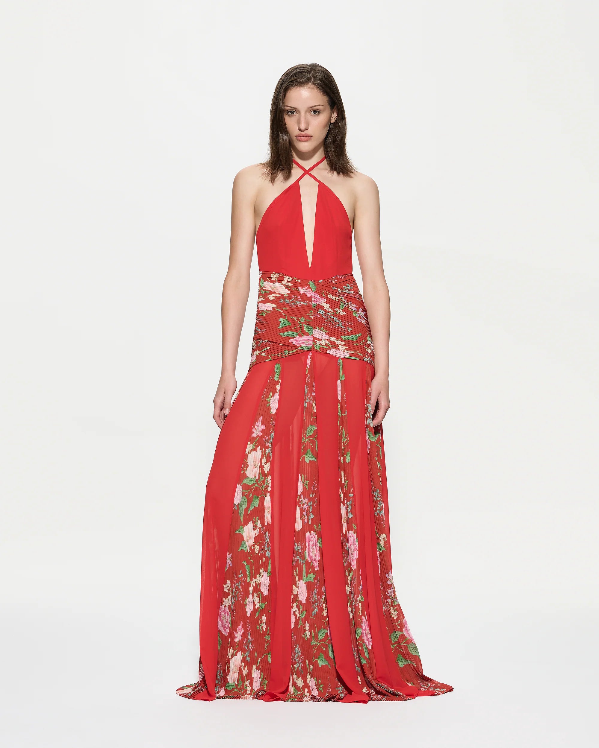 Red maxi floral silk dress