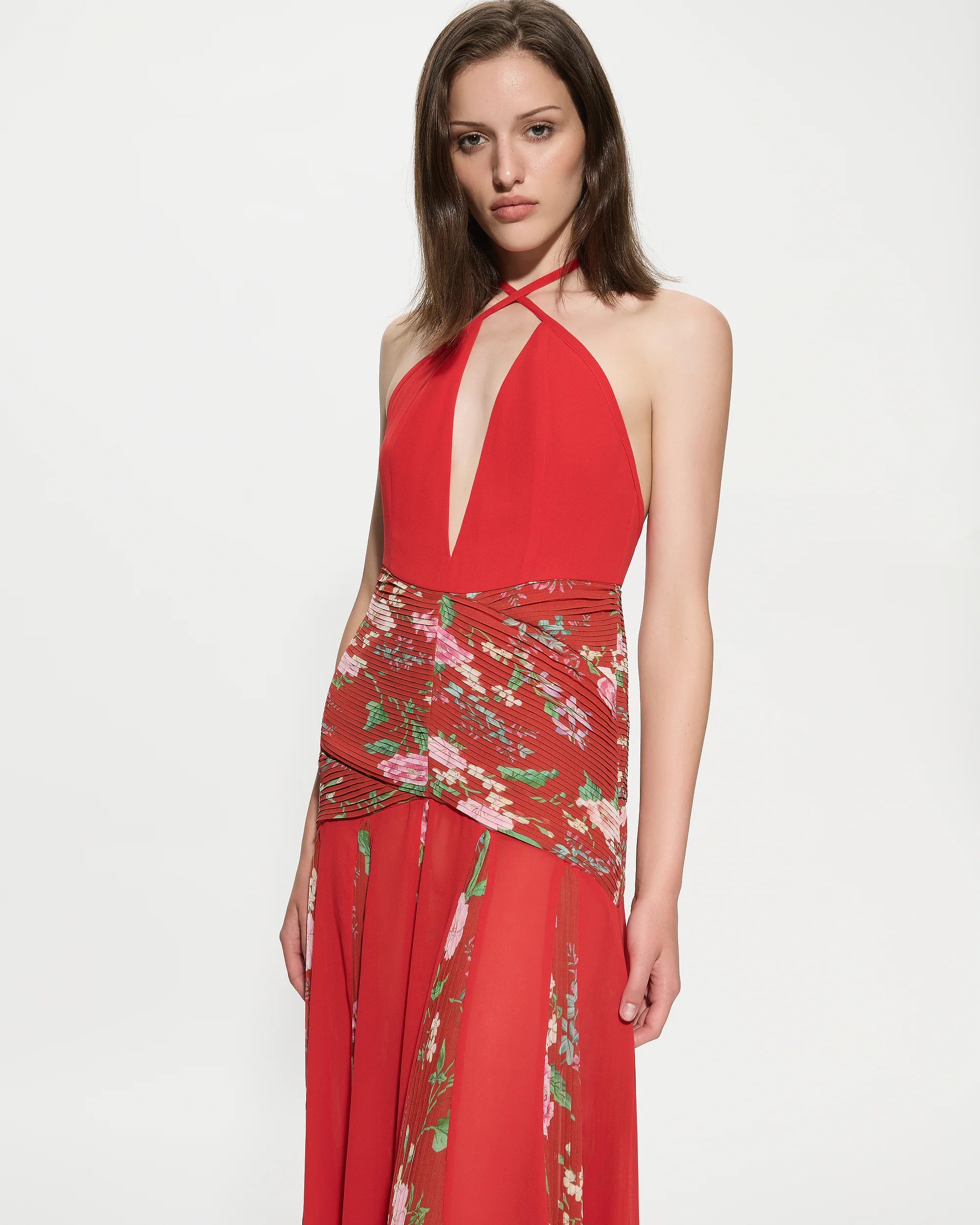 Red maxi floral silk dress