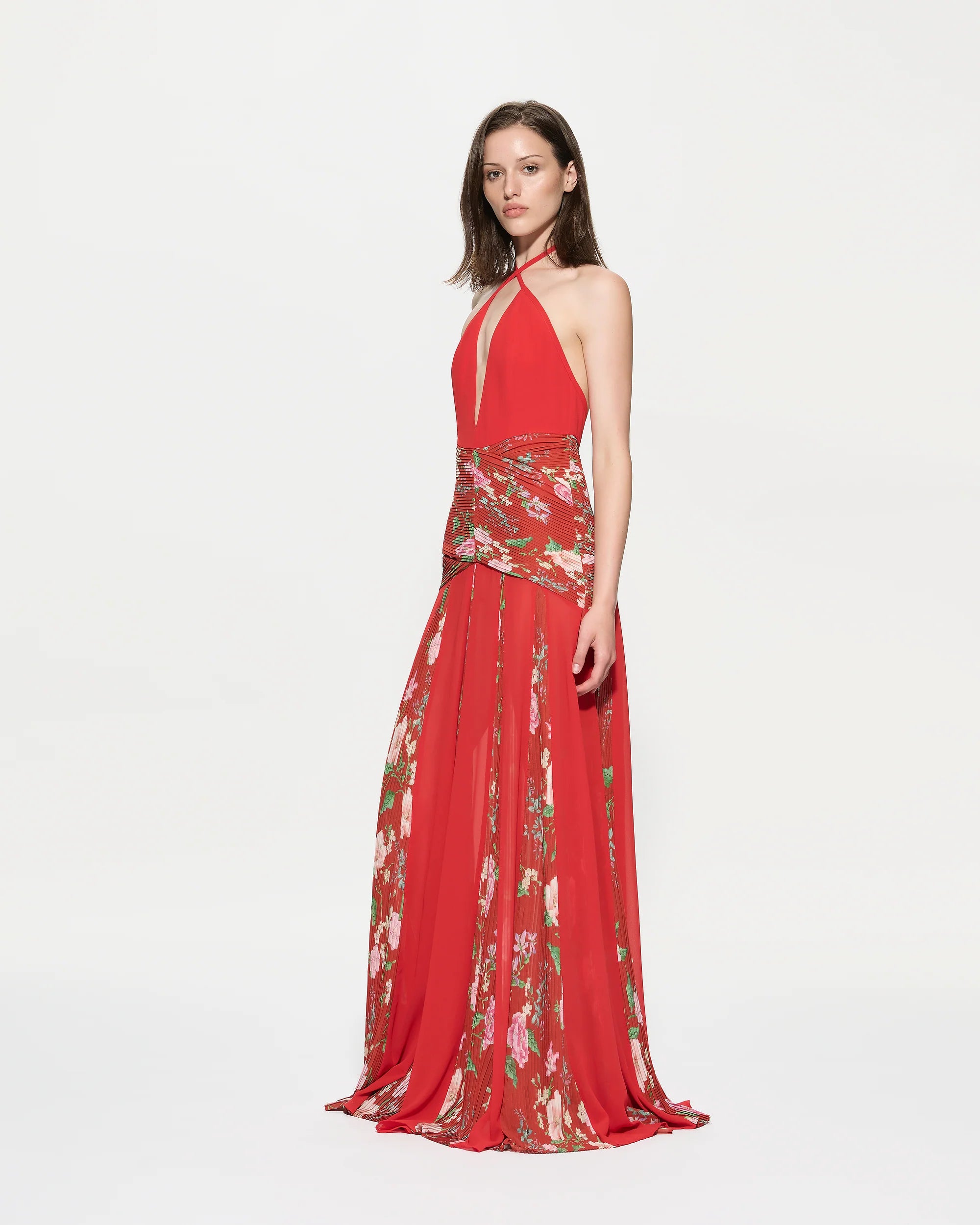 Red maxi floral silk dress