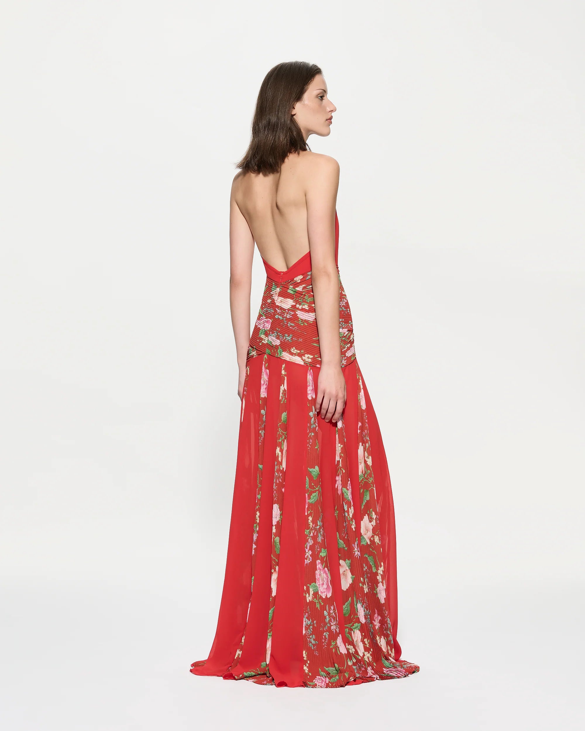 Red maxi floral silk dress