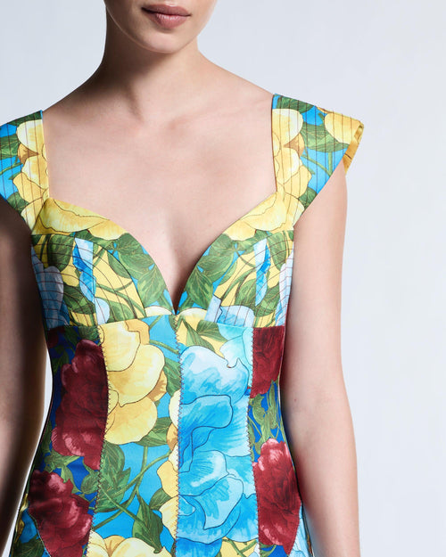 Aqua floral print long column dress