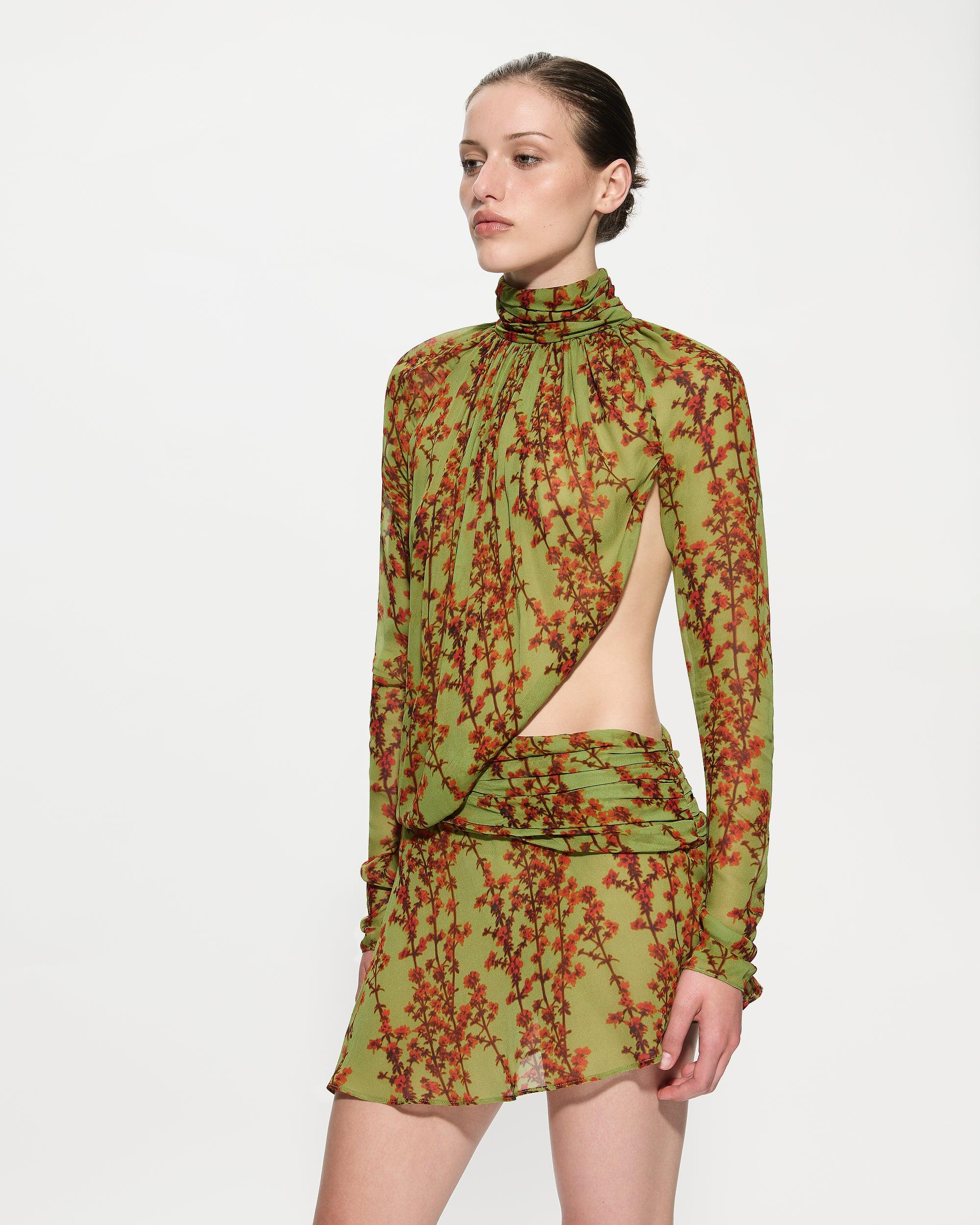 Green kusa sakura floral print mini dress S