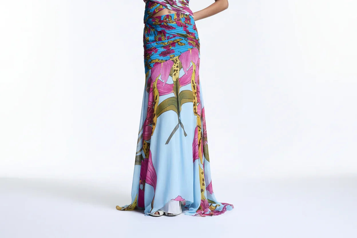 Aqua orchid print maxi Andressa Skirt