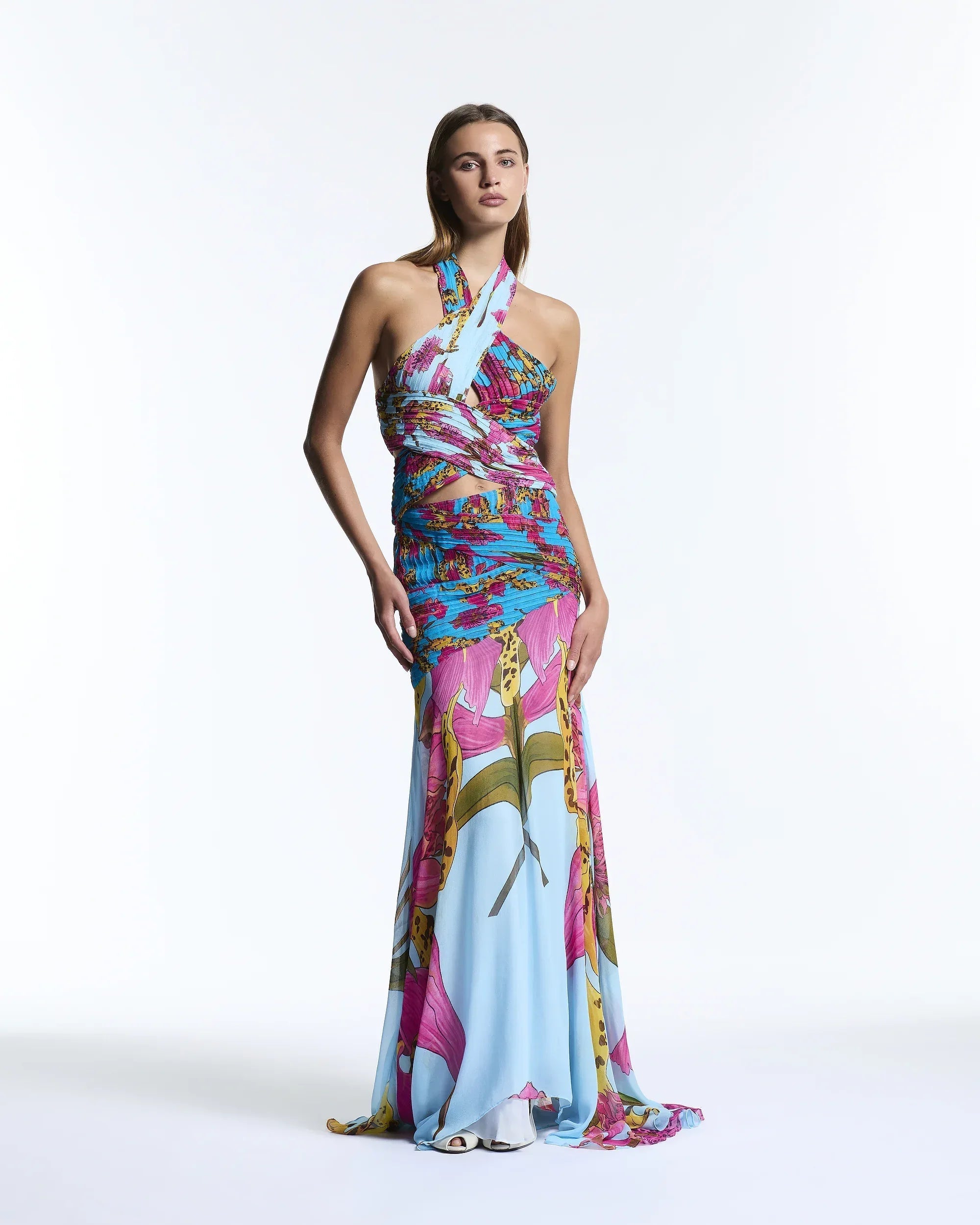 Aqua Amazonian orchid print halter top