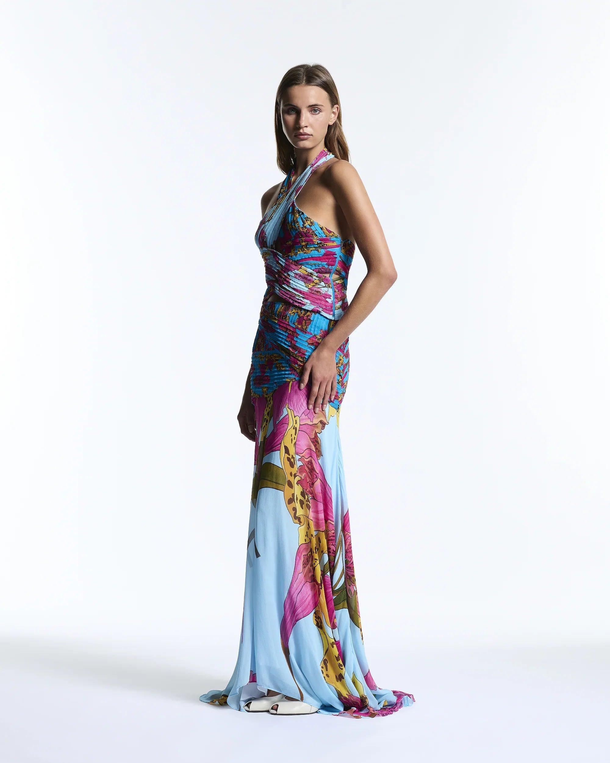 Aqua orchid print maxi Andressa Skirt