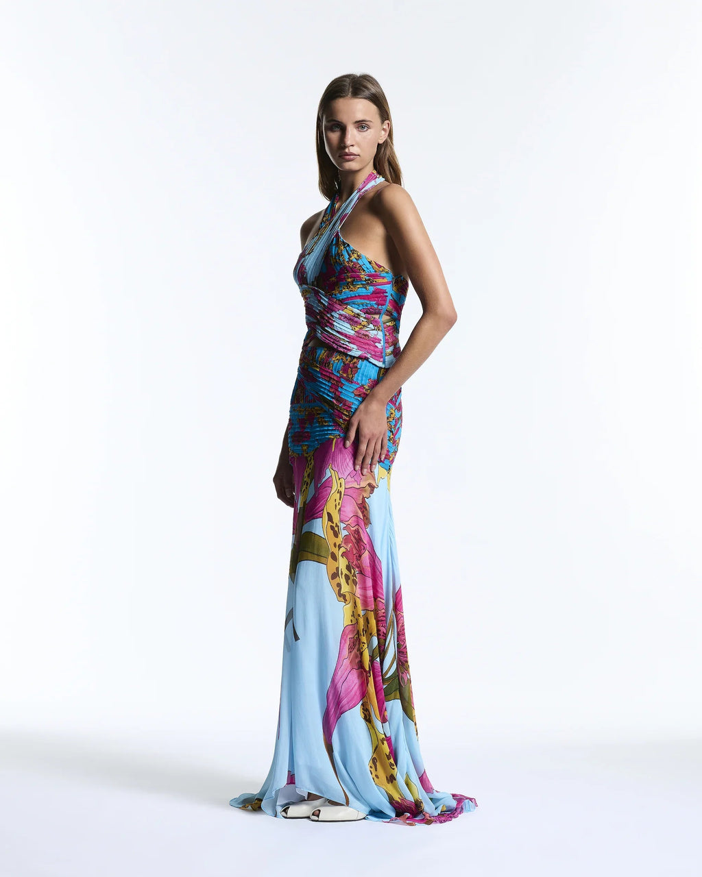 Aqua Amazonian orchid print halter top
