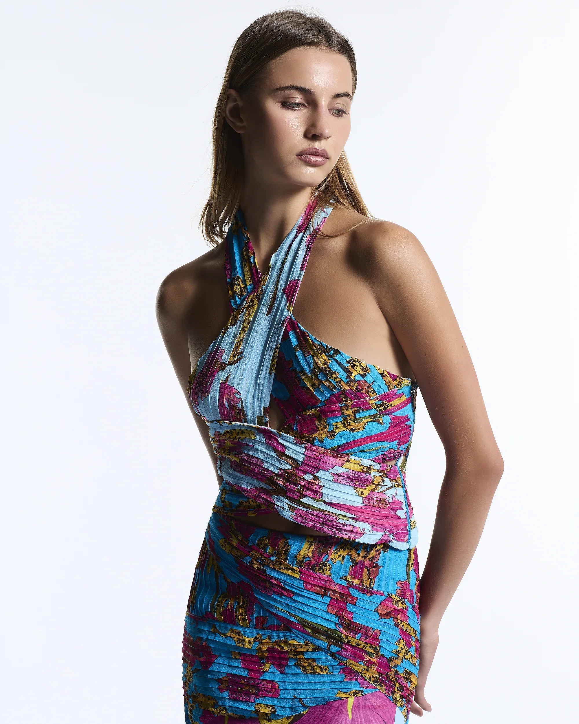 Aqua Amazonian orchid print halter top