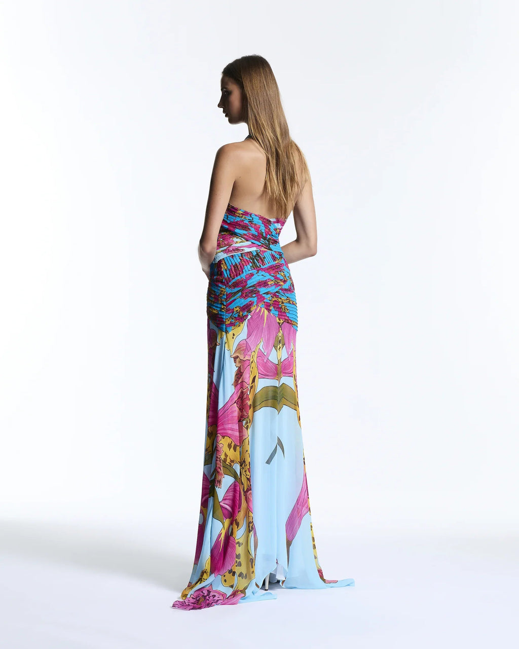 Aqua Amazonian orchid print halter top