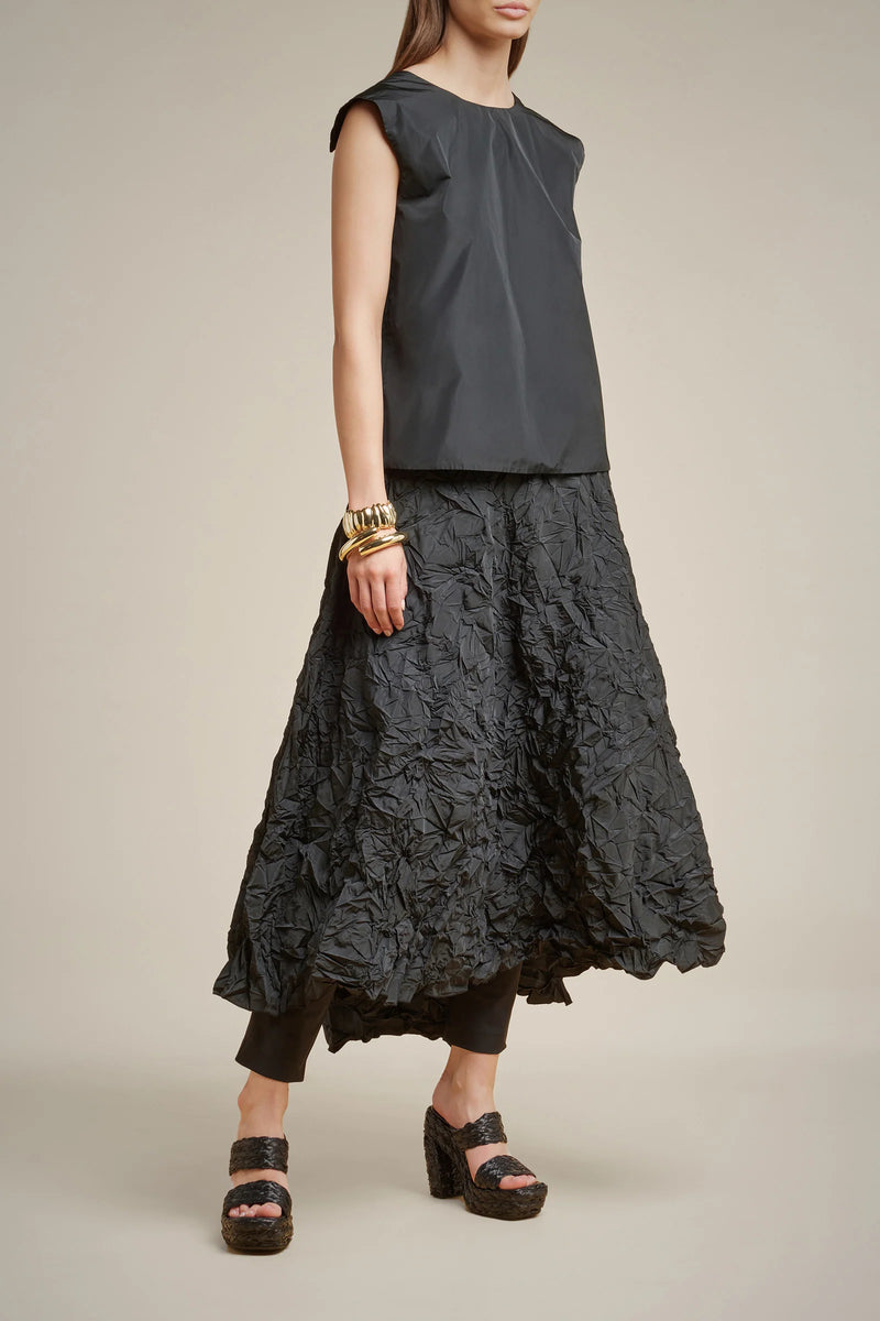 Black scrunchy taffeta midi skirt