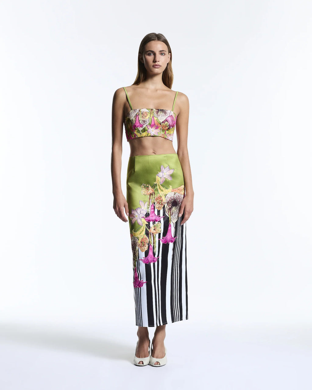 Green floral maxi column skirt with stripes