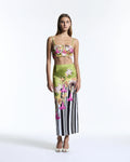 Green floral maxi column skirt with stripes