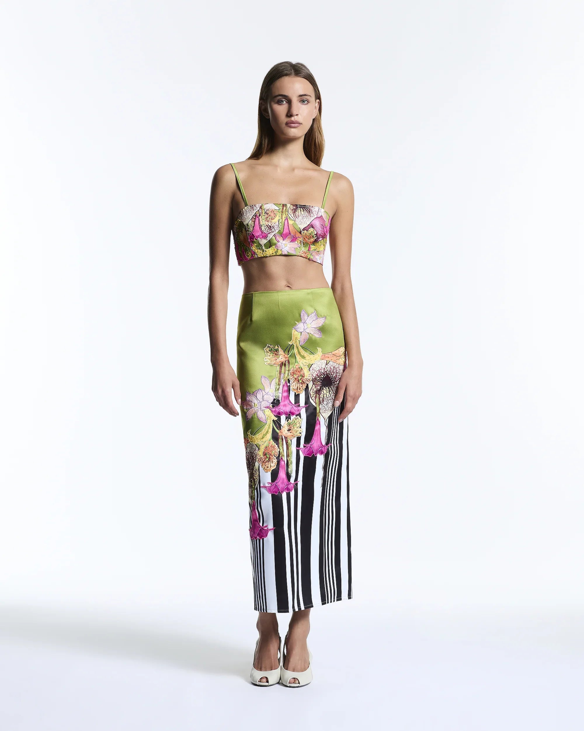 Green floral maxi column skirt with stripes