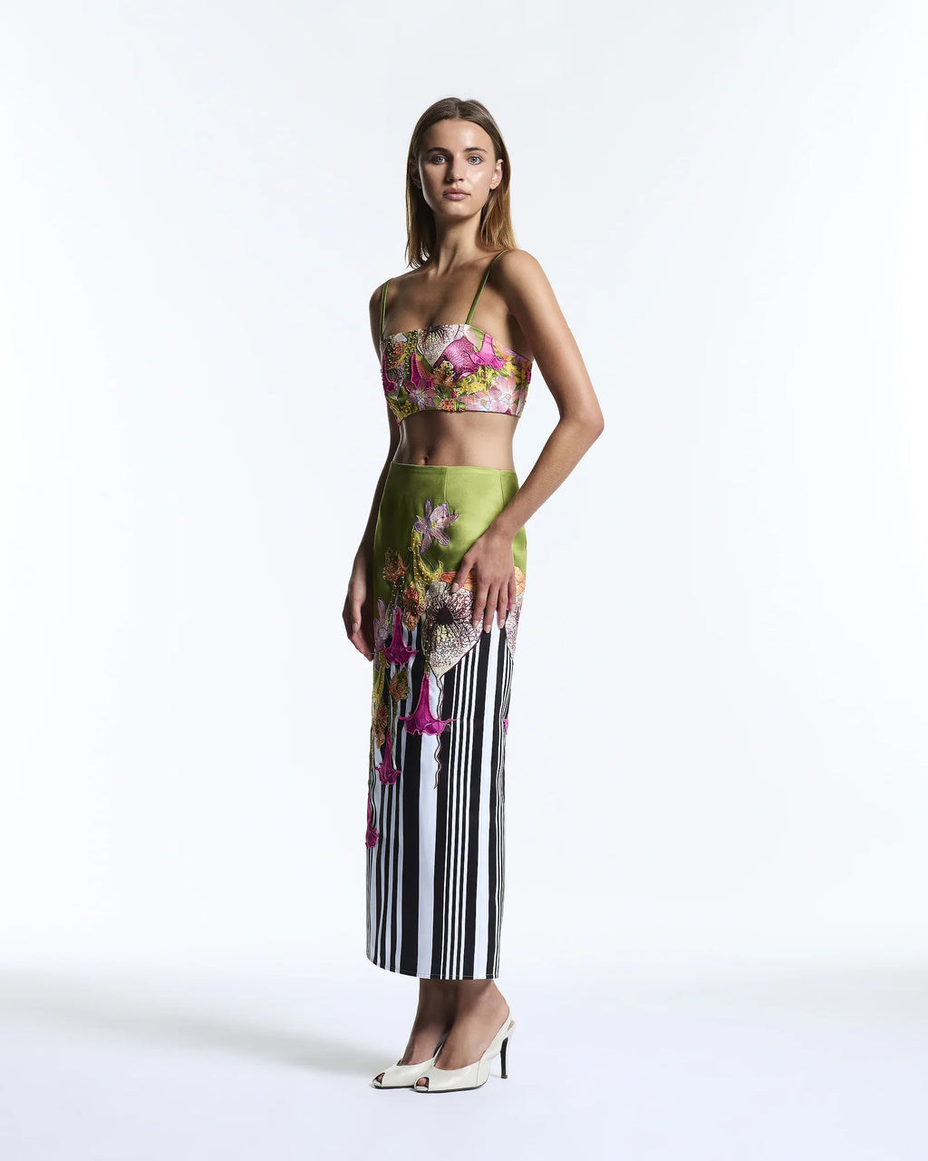 Green floral maxi column skirt with stripes