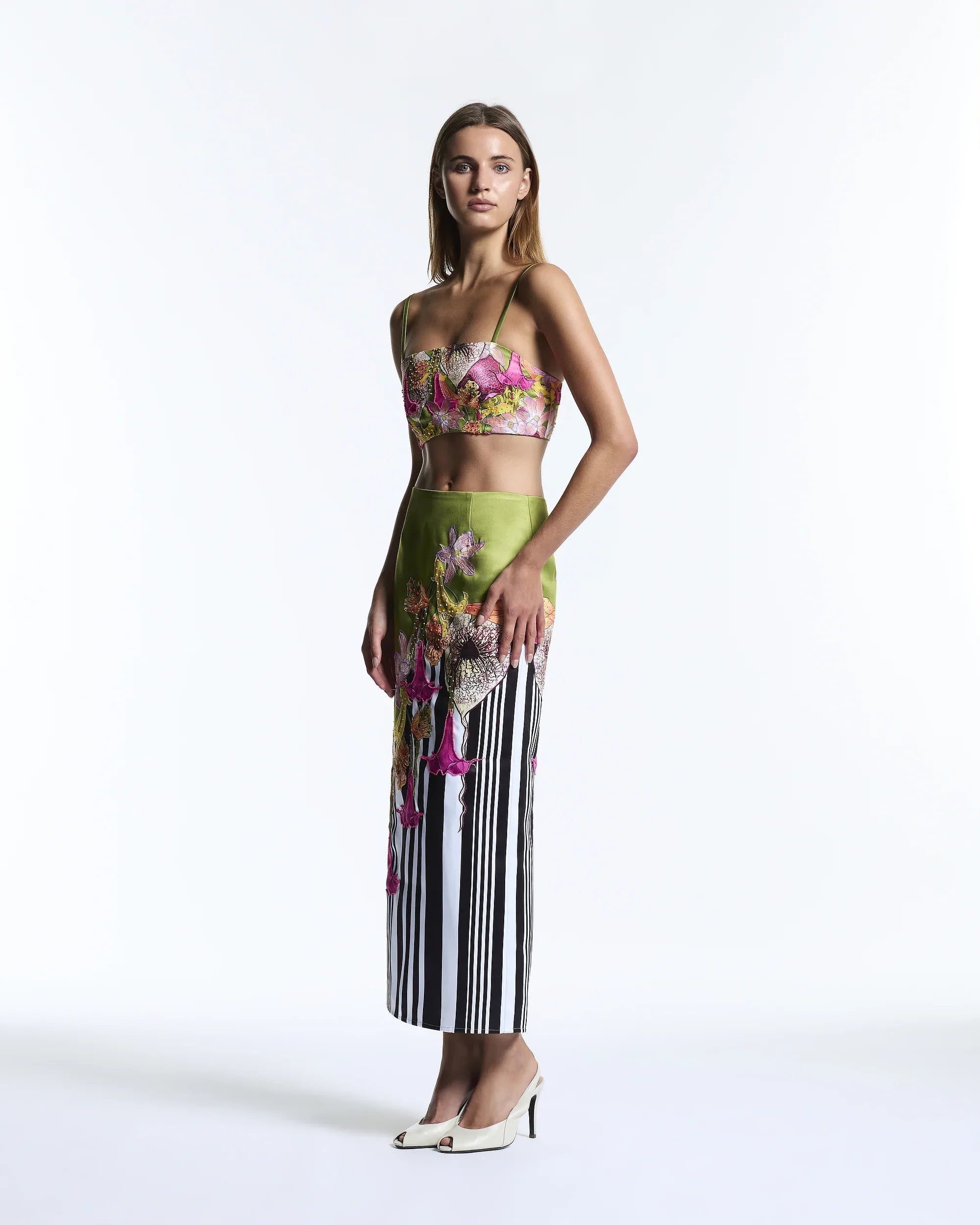 Green floral maxi column skirt with stripes