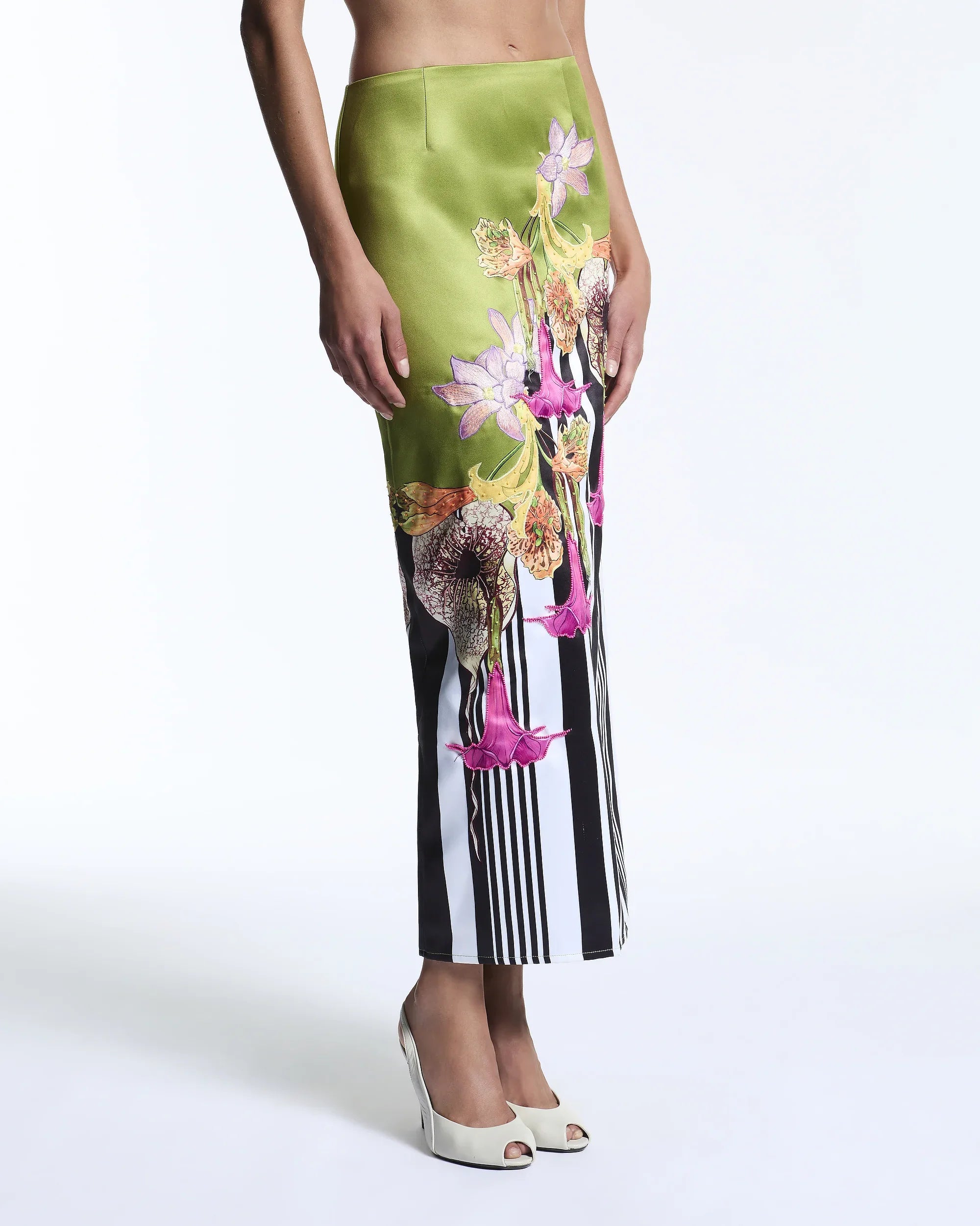 Green floral maxi column skirt with stripes