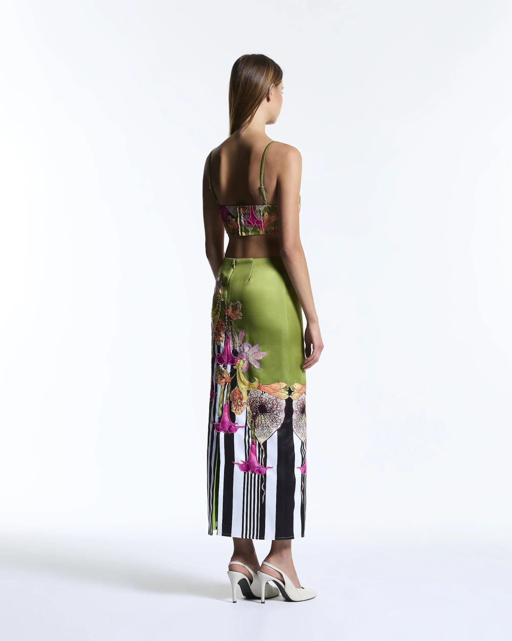 Green floral maxi column skirt with stripes