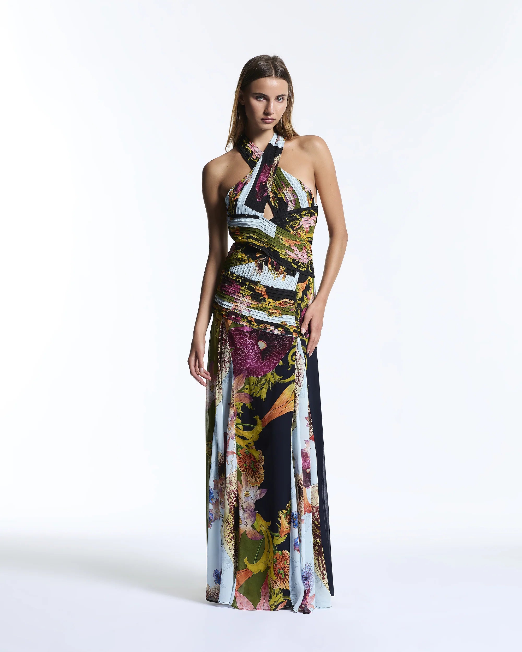 Black blue floral maxi halter dress