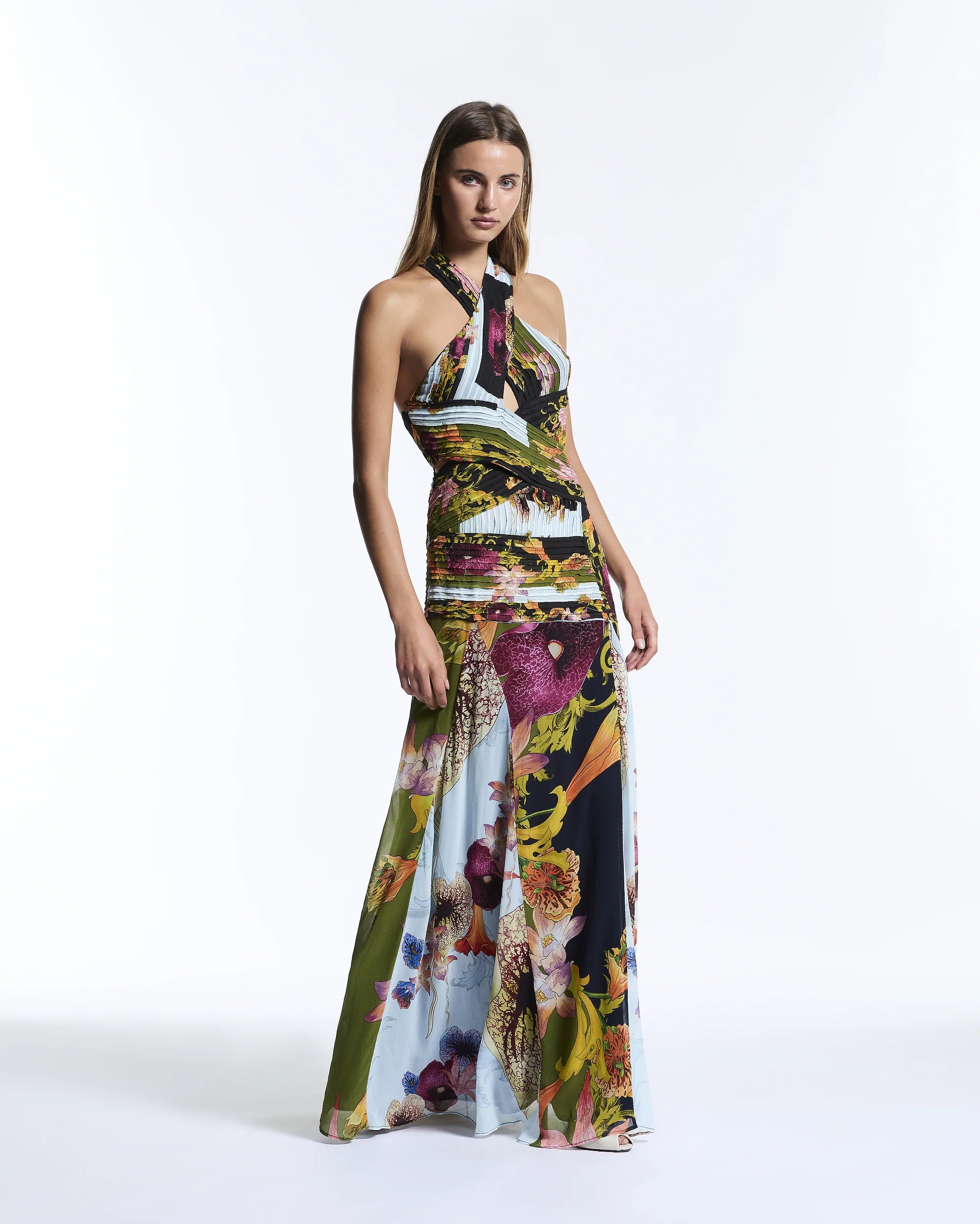 Black blue floral maxi halter dress