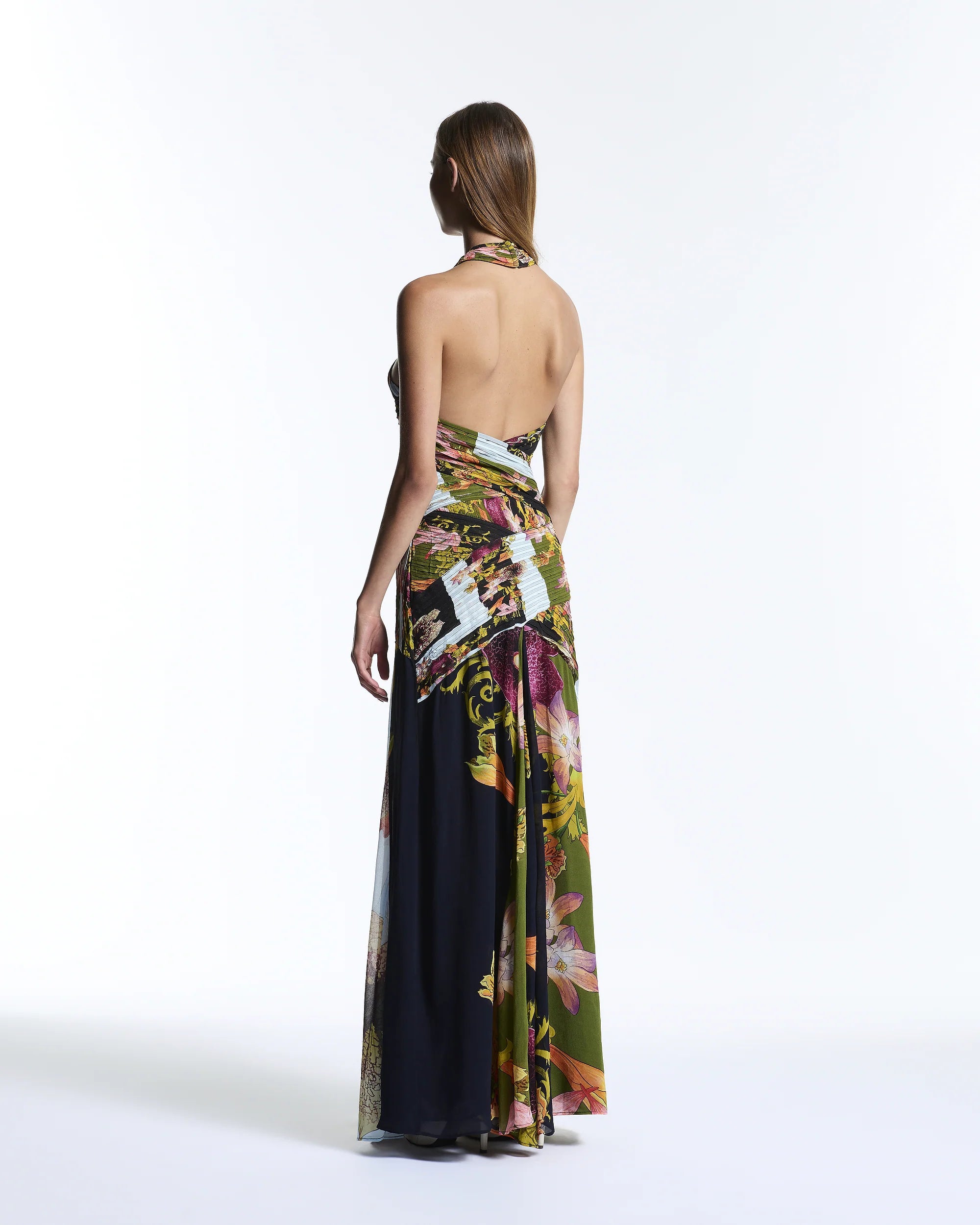 Black blue floral maxi halter dress