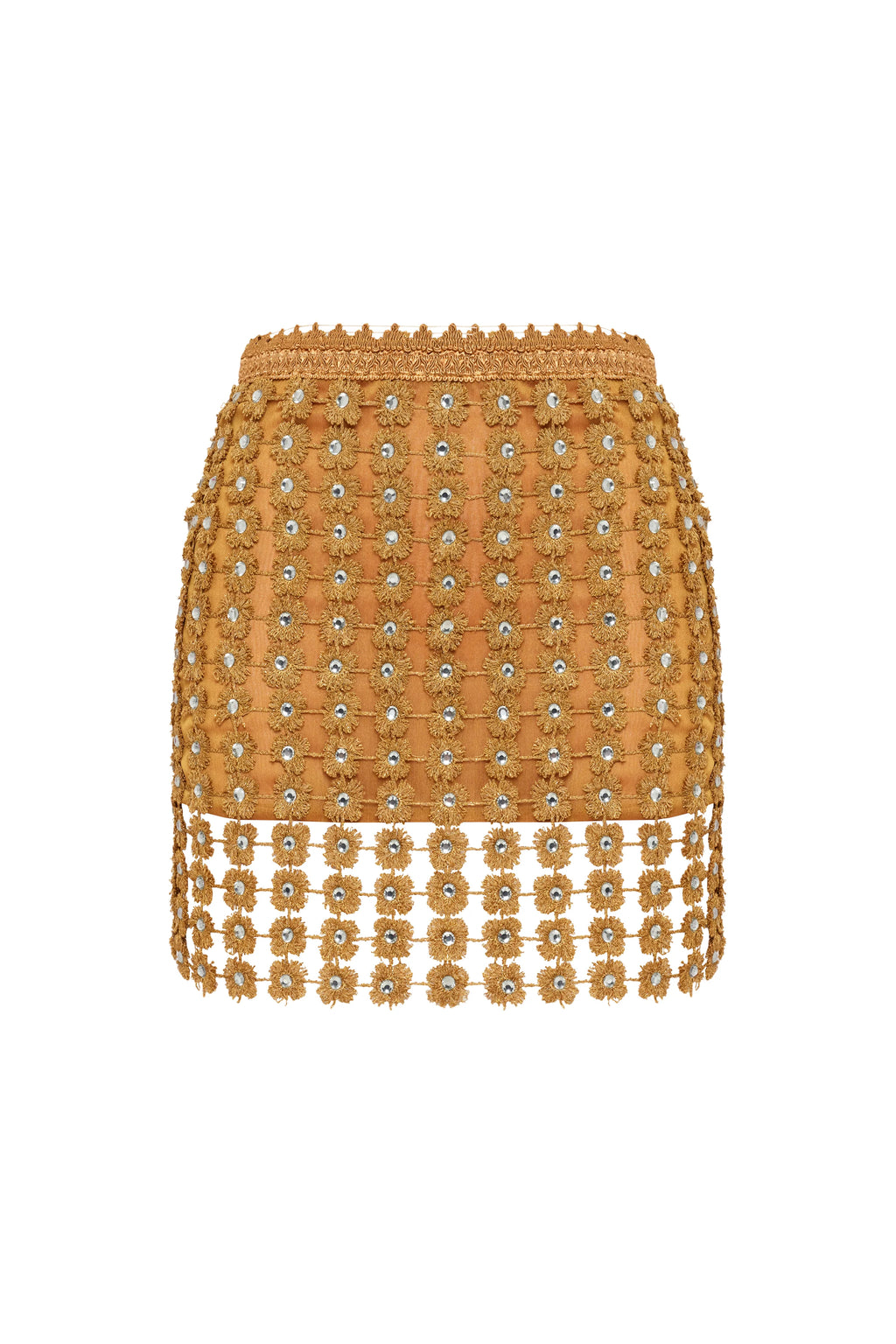 White flower and rhinestones embroidered mini skirt