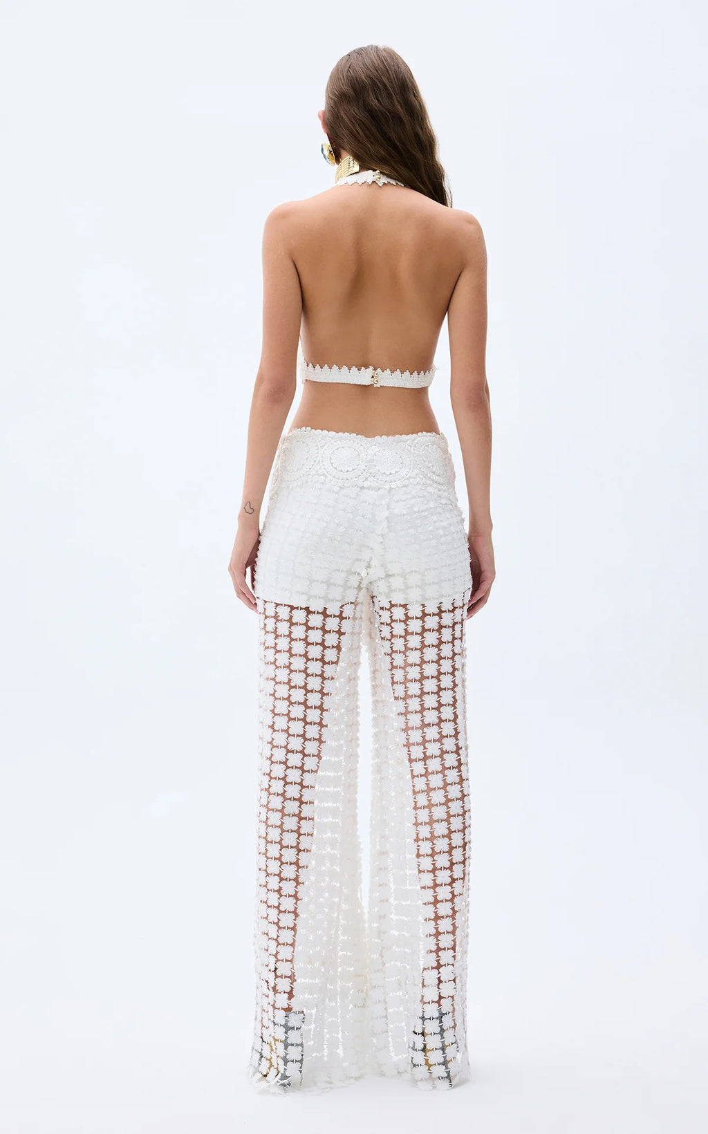 White floral embroidered with rhinestones crop top