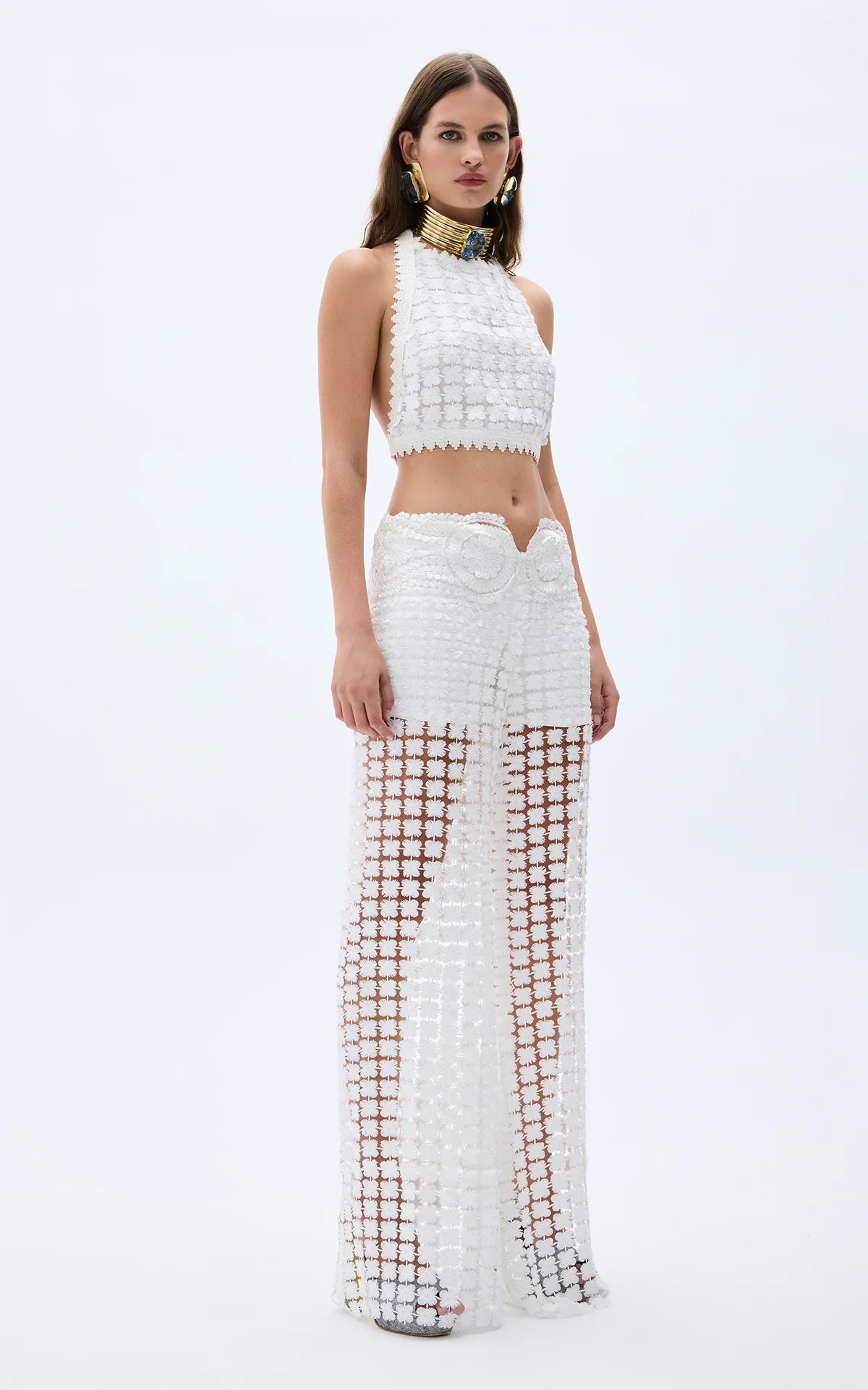 White floral embroidered with rhinestones crop top