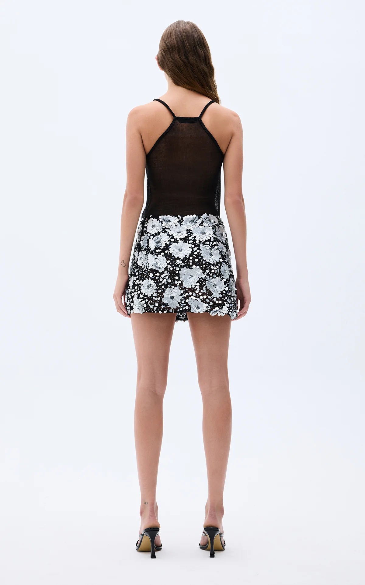 Silver black flower sequin embroidered mini skirt
