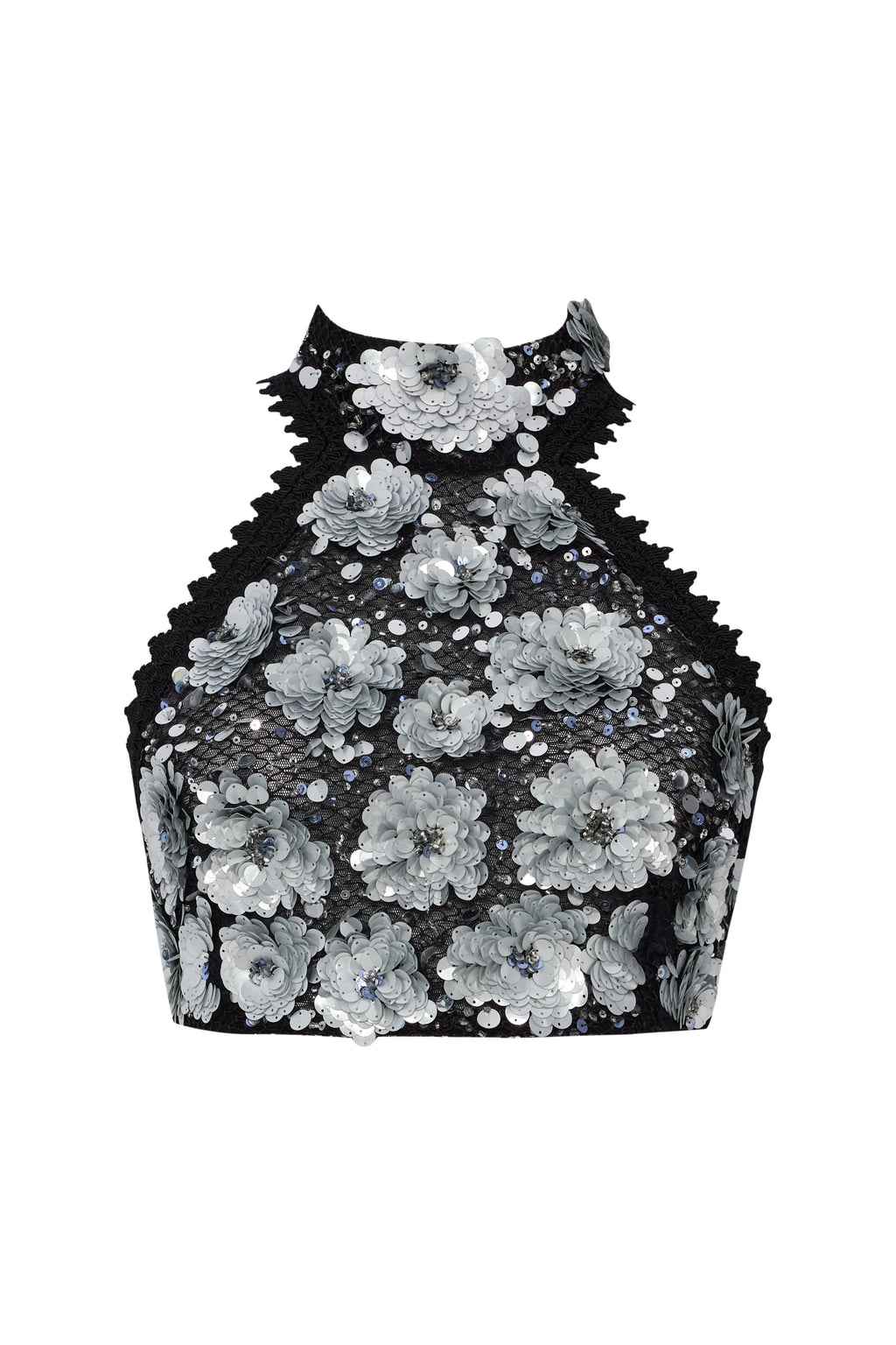Silver black sequin flower embroidered crop top