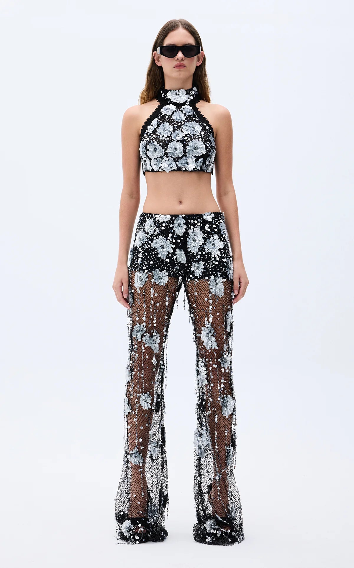 Silver black sequin flower embroidered crop top
