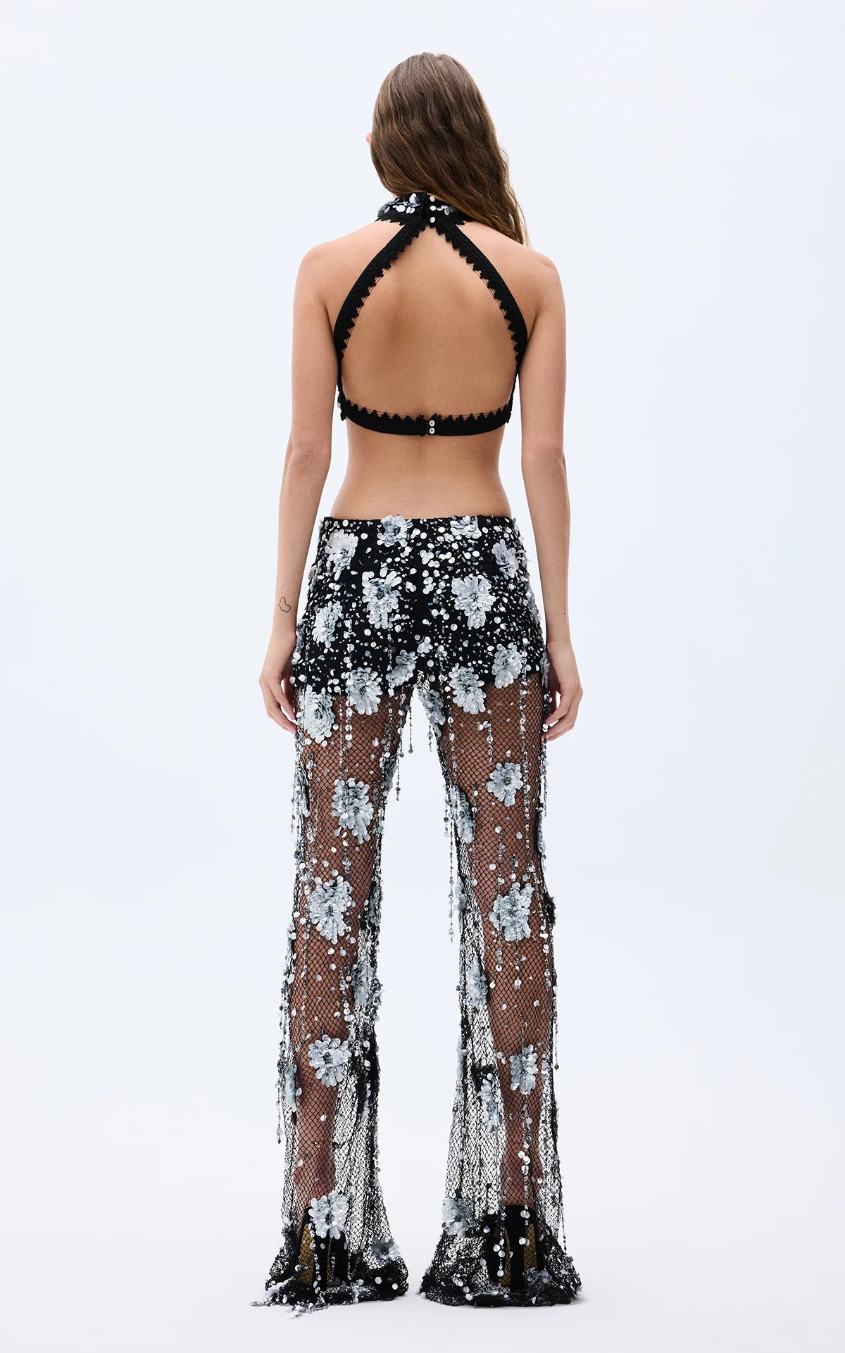 Silver black sequin flower embroidered crop top