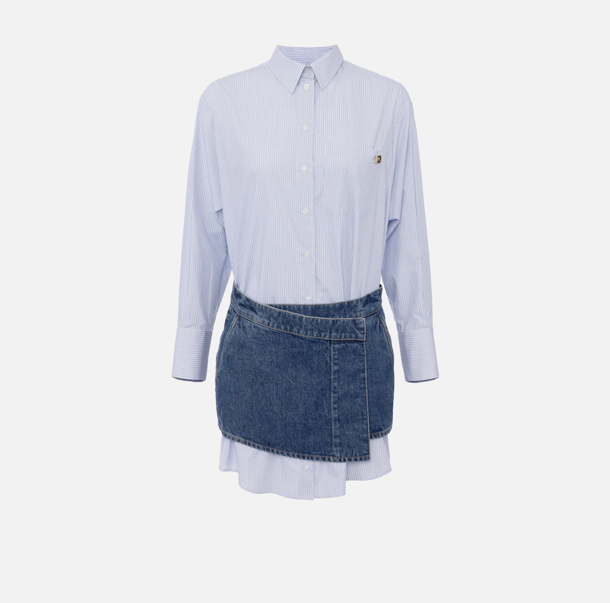 Blue oxford shirt dress and denim mini skirt set