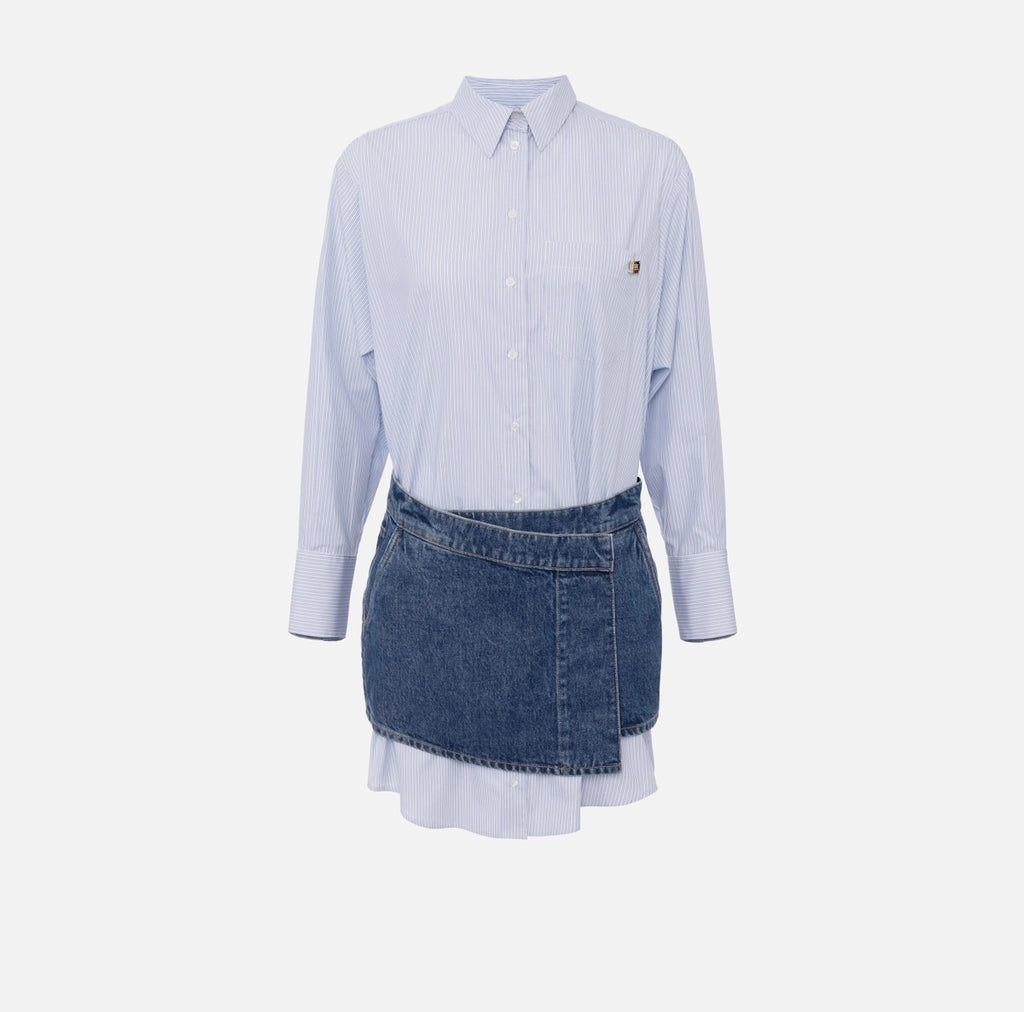 Blue oxford shirt dress and denim mini skirt set