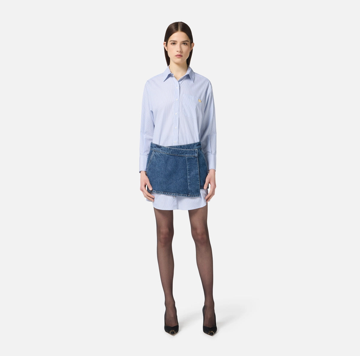 Blue oxford shirt dress and denim mini skirt set