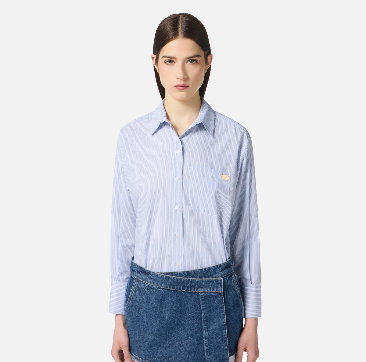 Blue oxford shirt dress and denim mini skirt set