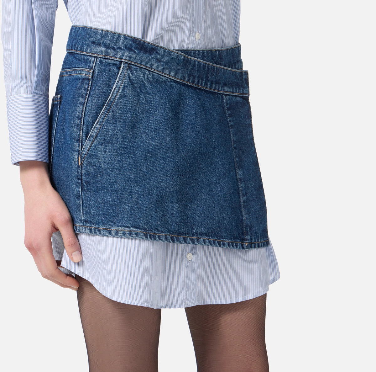 Blue oxford shirt dress and denim mini skirt set