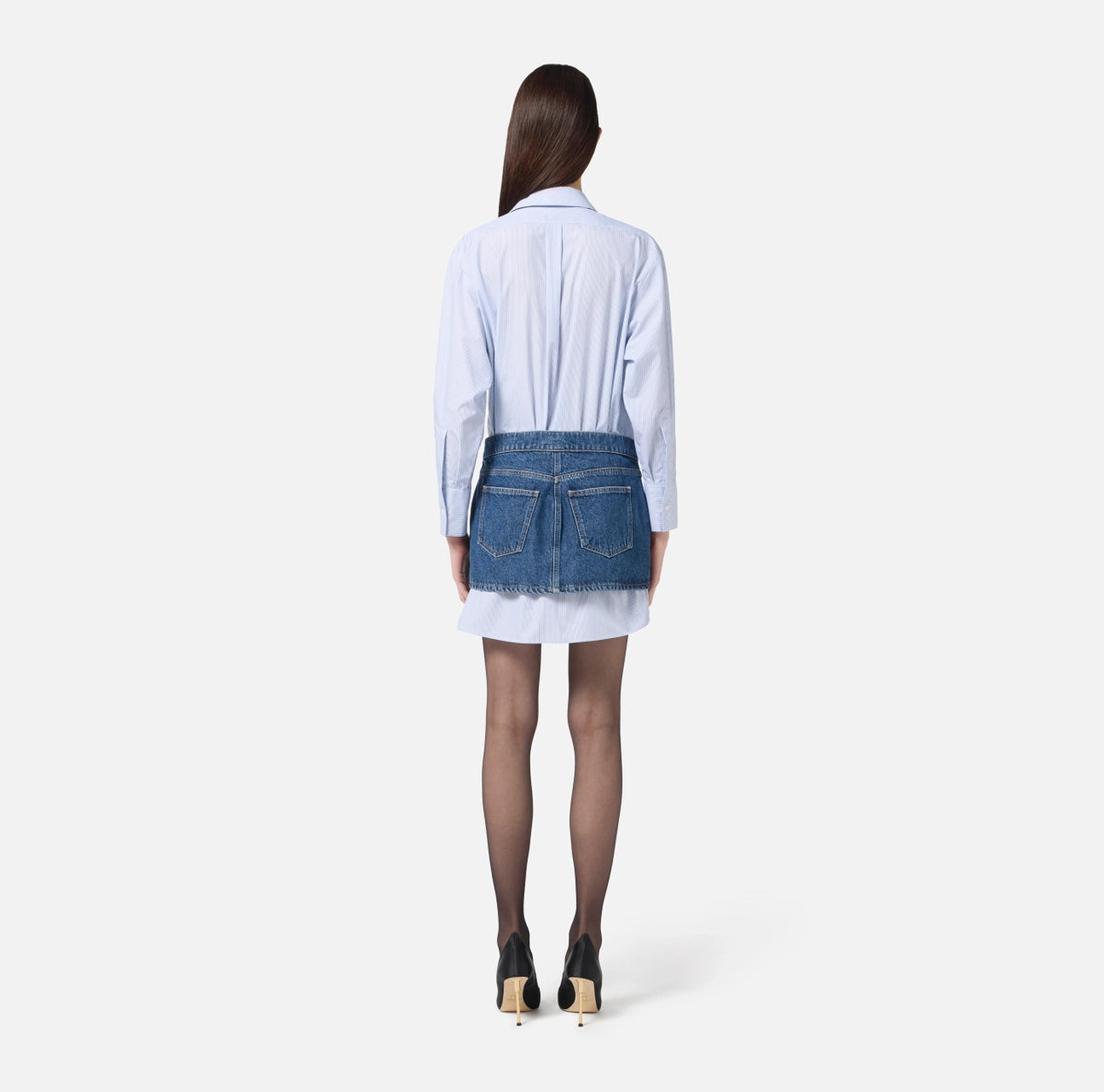 Blue oxford shirt dress and denim mini skirt set