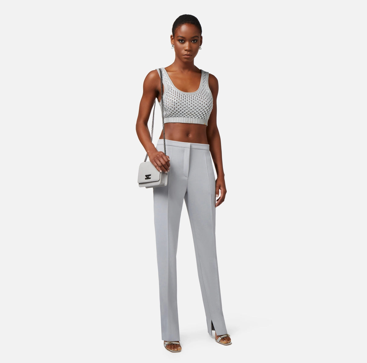 Silver cotton cropped top with rhinestones