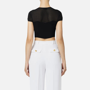 Black short sleeve herringbone knit crop top