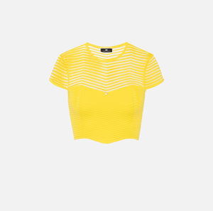 Yellow short sleeve herringbone knit top