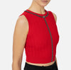 Red sleeveless knit top with chain detail