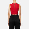 Red sleeveless knit top with chain detail