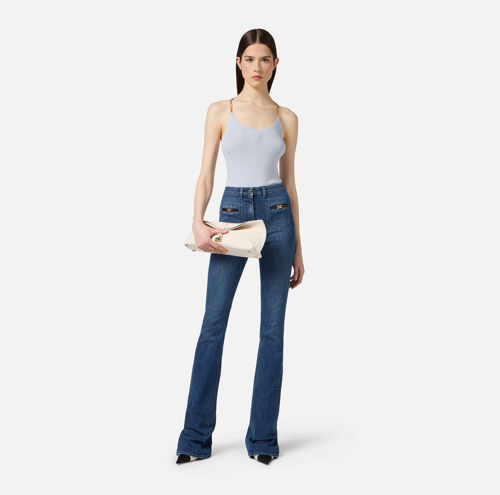 Baby blue rib knit top with gold details